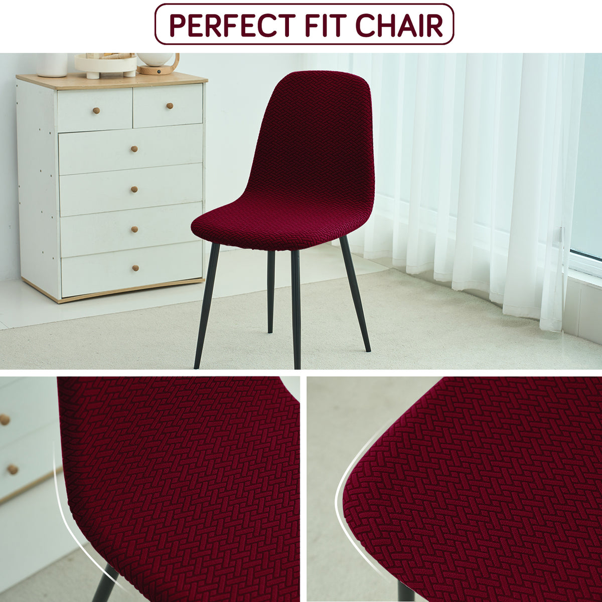Premium Jacquard Fully Covered Cover for Mid Century Modern Dining Chair, Burgundy