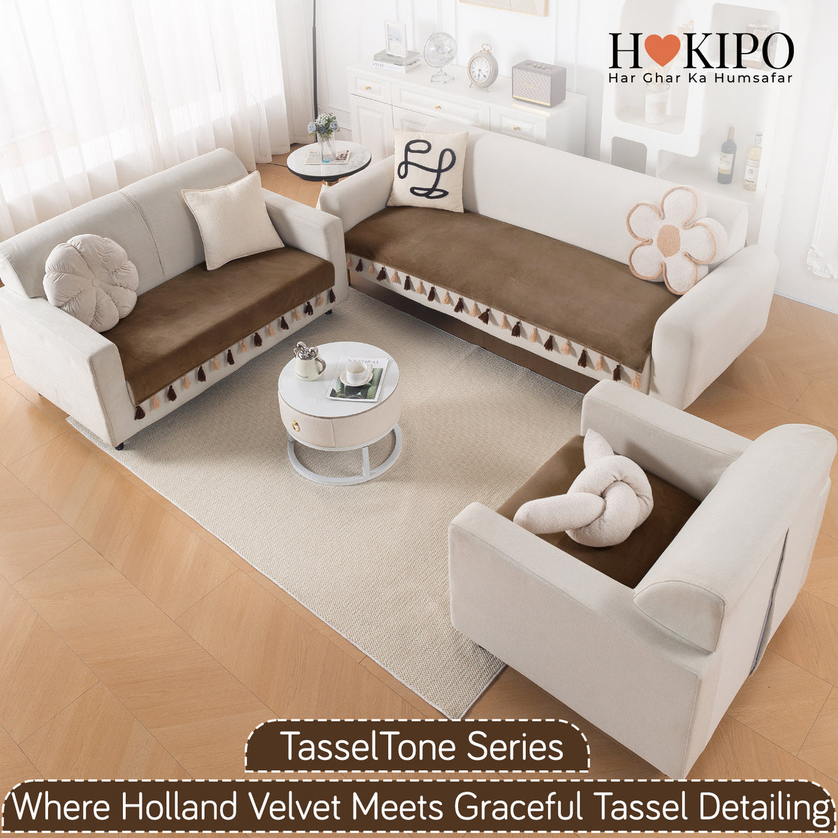 Tassel Tone Holland Velvet Sofa Cover Mat, Warm Taupe