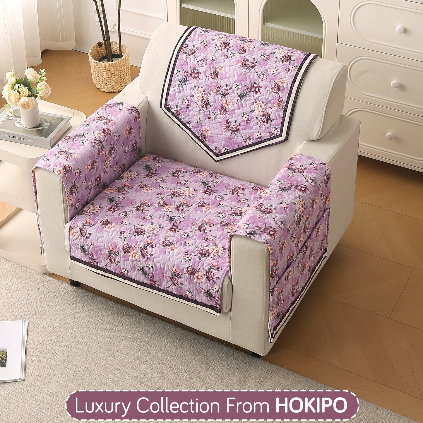 Florentina Series Printed Holland Velvet Sofa Mat - Peony Lavender