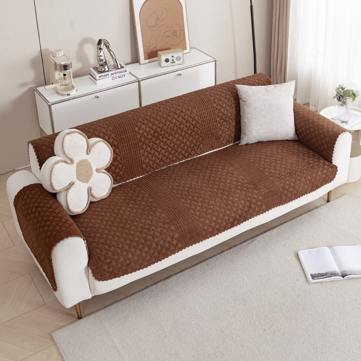 Modern Matrix 5-Seater Reversible Sofa Cover (3+1+1), Chestnut Brown