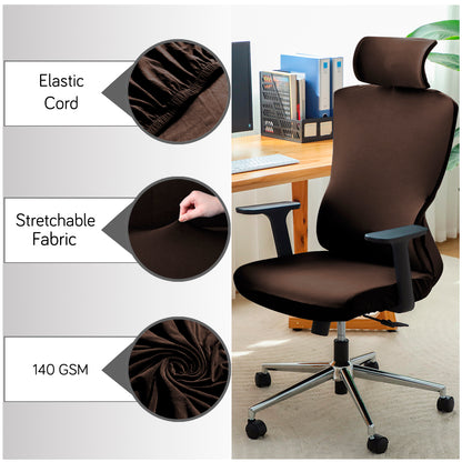 Office Chair Cover with Headrest (High-Back) – 140 GSM Stretch Fabric – Washable, Anti-Slip Fit for Ergonomic Mesh Office Chairs, Brown