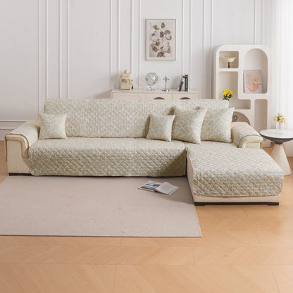 Elira Series Quilted One-Piece L Shape Sofa Cover Mat with Left and Right Chaise, Beige Abstract Geometry