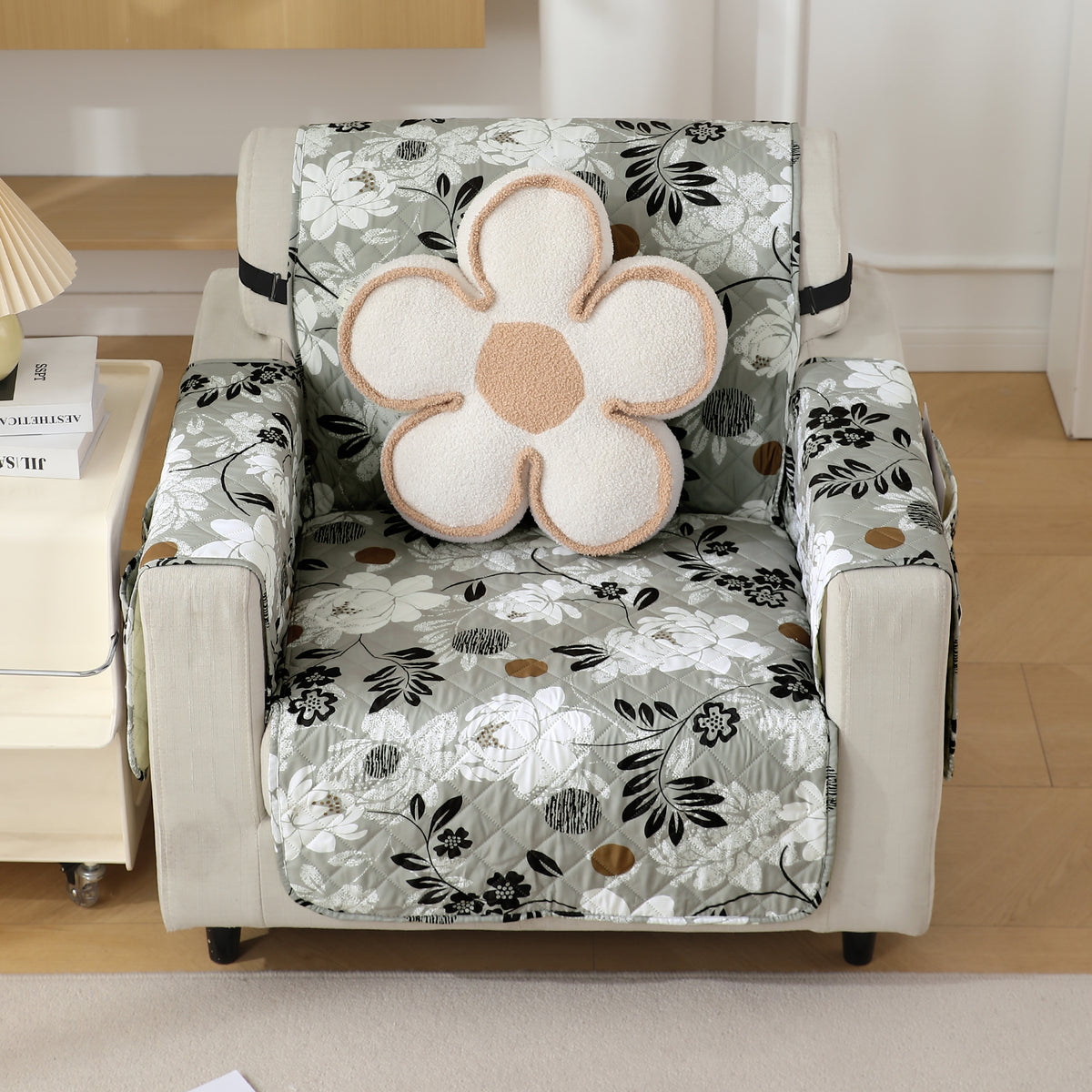 Waterproof & Quick-Dry Quilted Seater Sofa Cover with Pockets on Armrest, Feather Brown Floral
