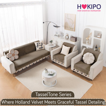 Holland Velvet 5-Seater Sofa Cover (3+1+1), TasselTone Series | Coffee Brown