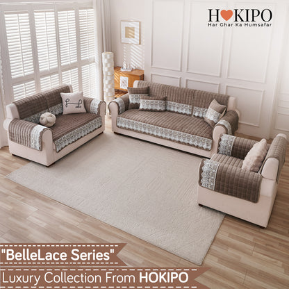 BelleLace Series Premium Imperial Milk Velvet Sofa Cover Mat with Lace Design -  Mocha Brown