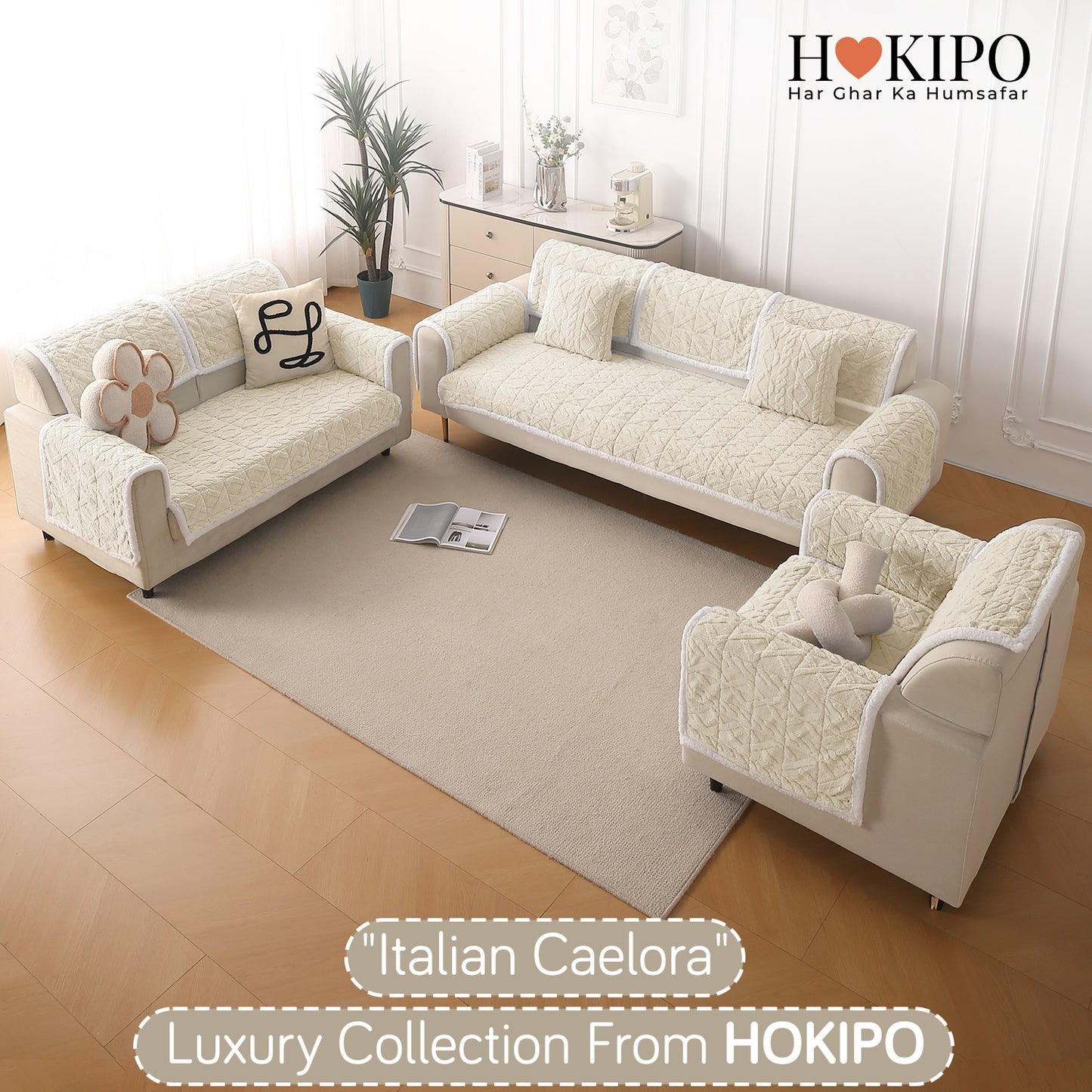 'Italian Caelora' Luxury Jacquard Plush Anti-Slip Sofa Cover Mat - Pearl White