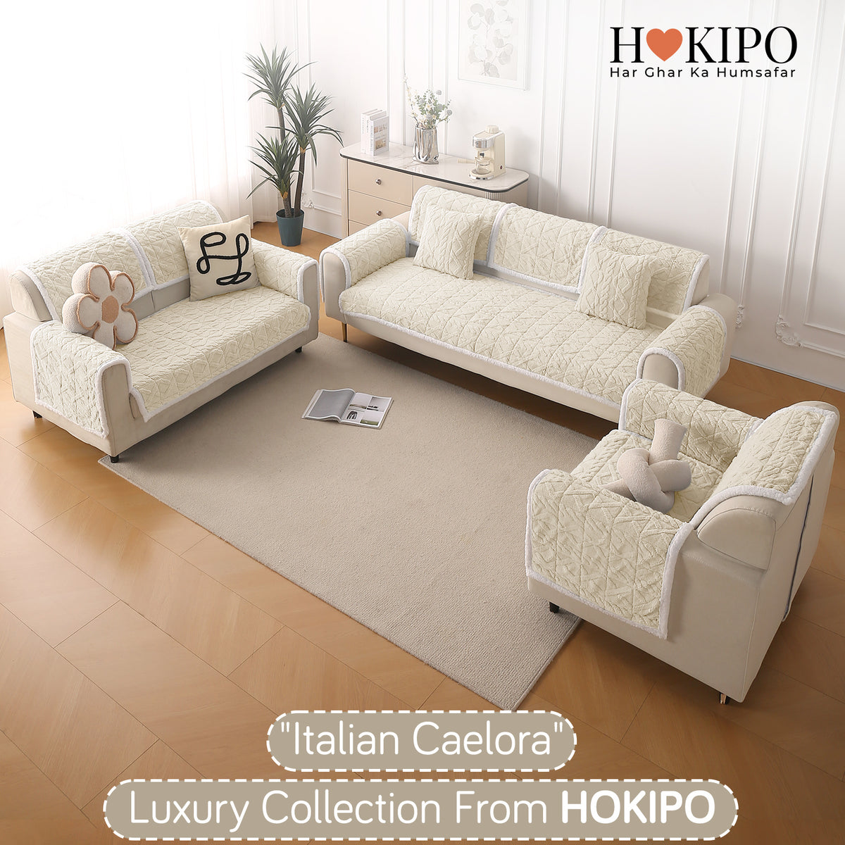'Italian Caelora' Luxury Jacquard Plush Anti-Slip Sofa Cover Mat - Pearl White