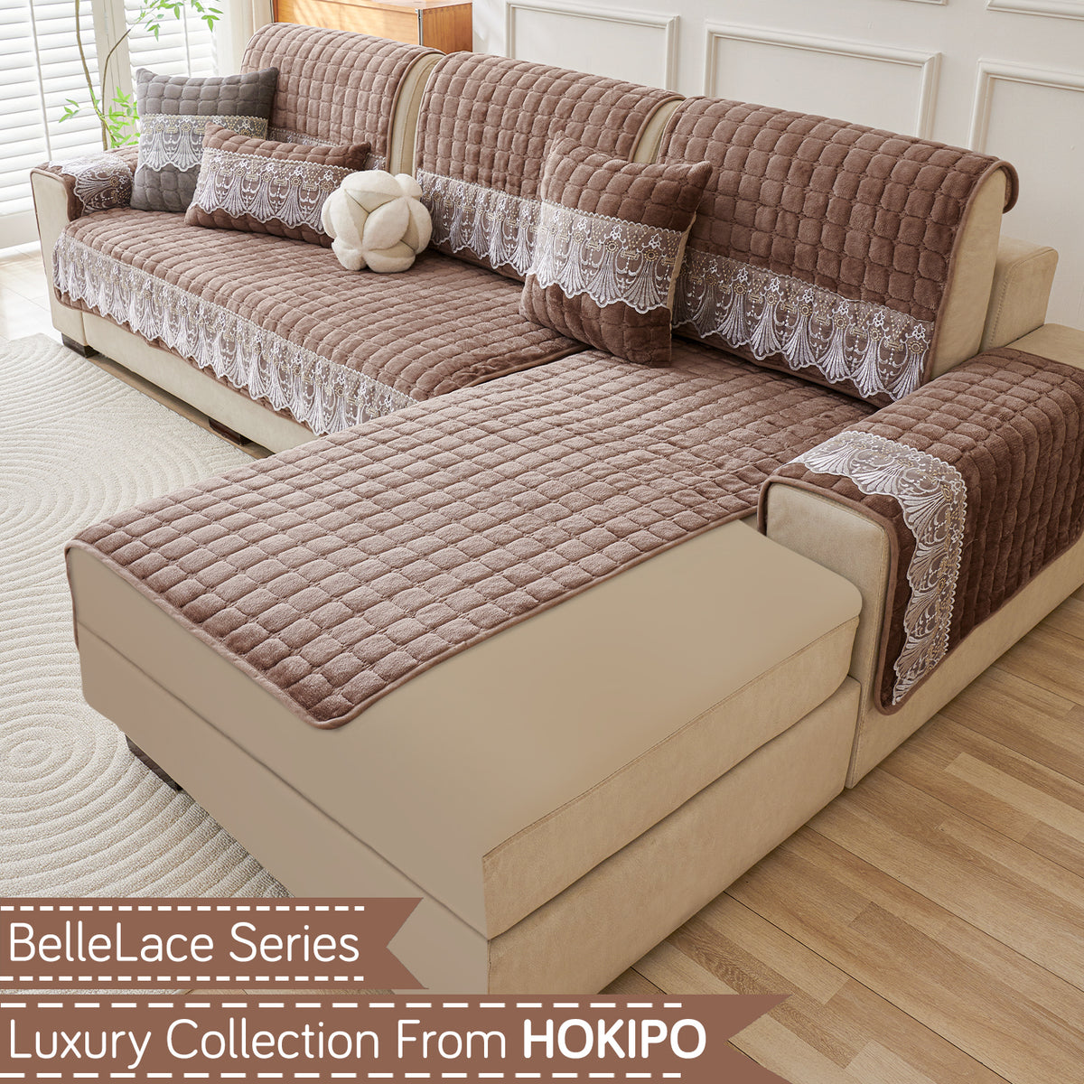 BelleLace Series Imperial Milk Velvet L Shape Sofa Cover Mat with Lace Design - Mocha Brown