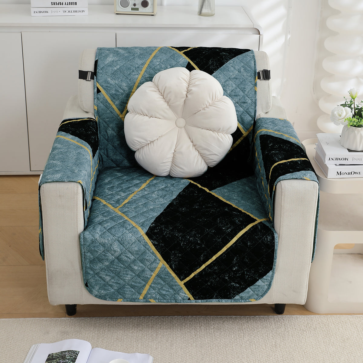 Waterproof & Quick-Dry Quilted Sofa Cover with Pockets on Armrest, Multicolor Abstract Geometry