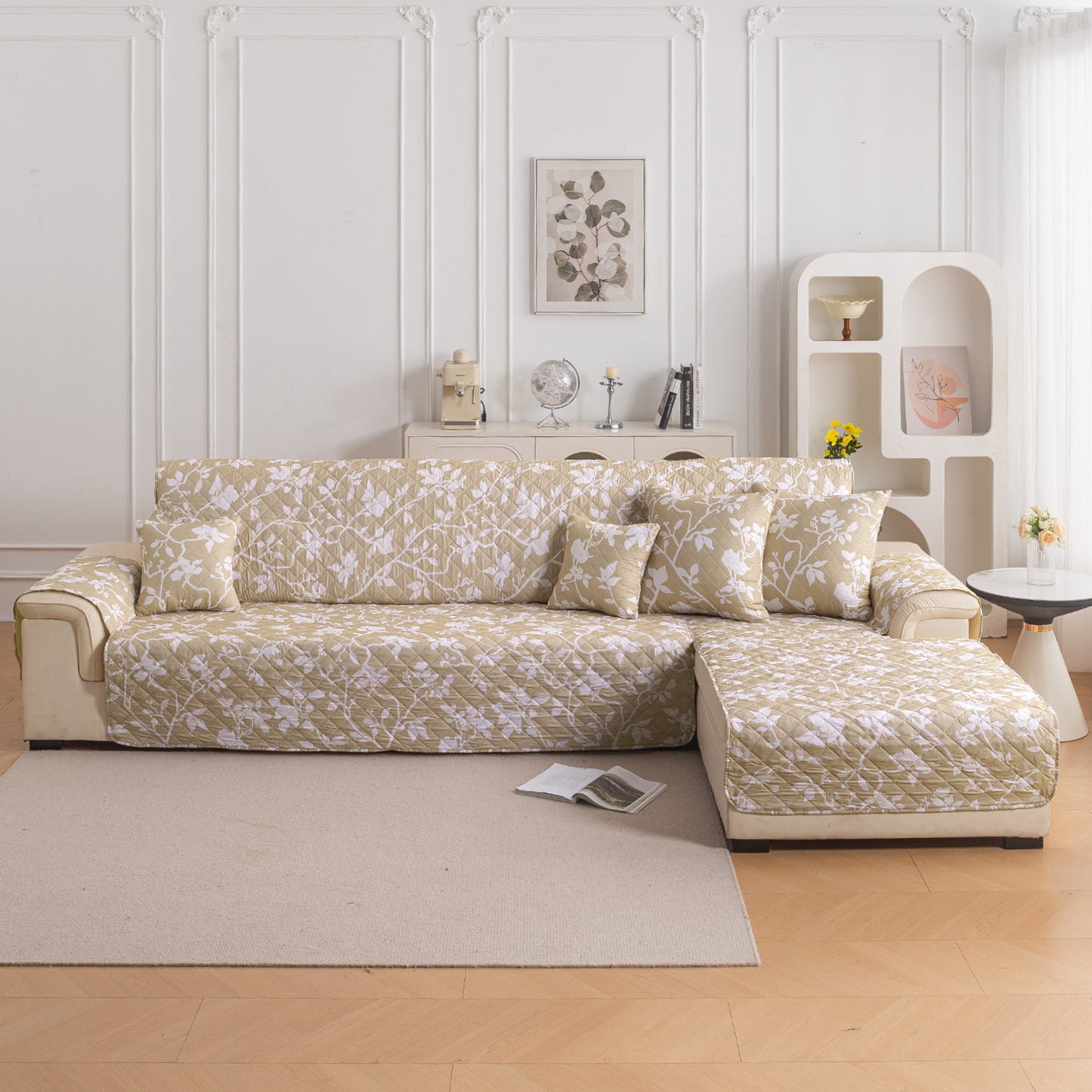 Elira Series Quilted One-Piece L Shape Sofa Cover Mat with Left and Right Chaise, Buff Brown Sillehoute Floral