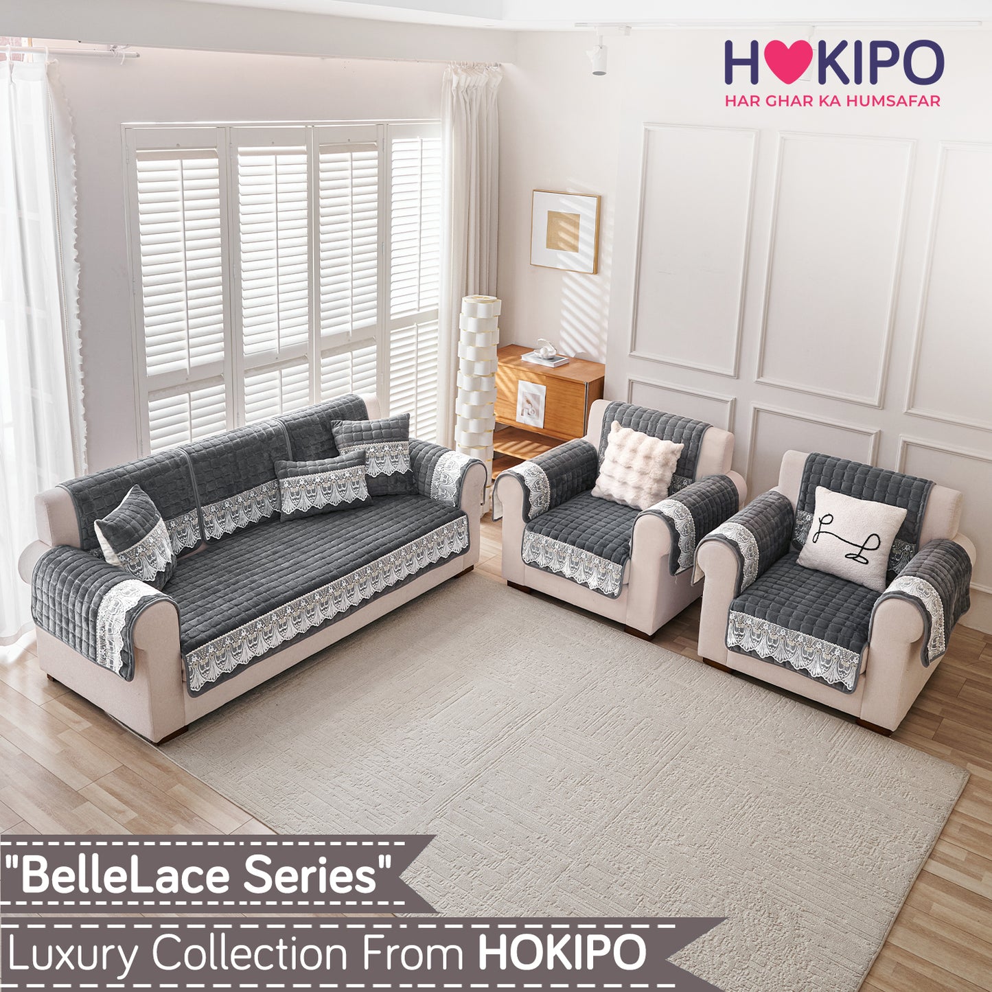 BelleLace Series 5-Seater Sofa Cover (3+1+1), Porpoise Grey