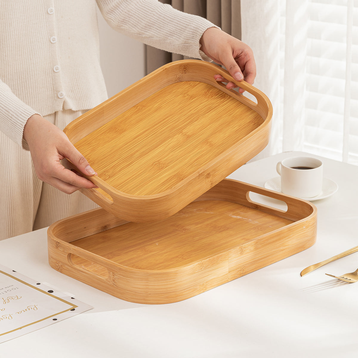 Natural Bamboo Serving Tray Set of 2/3 – Multipurpose Kitchen Tray with Handles