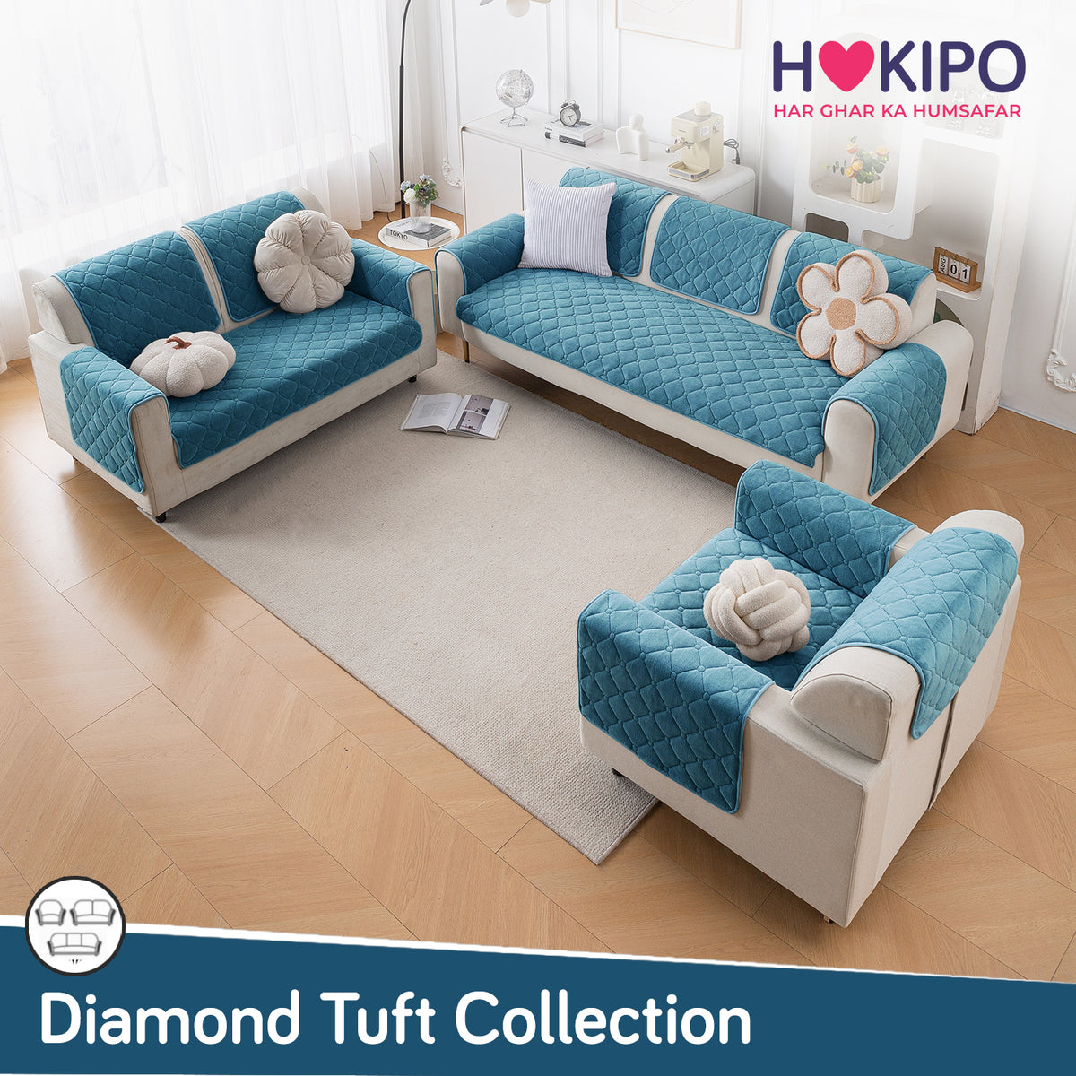 Diamond Tuft Plush Sofa Cover Mat, Dusty Teal