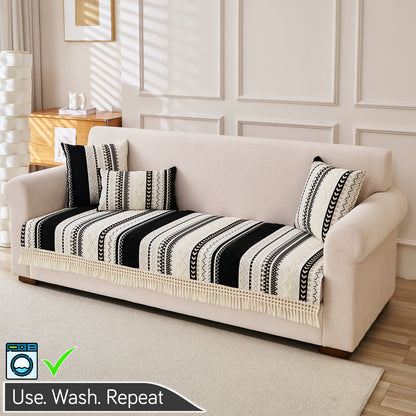 Nordic Boho Geometric Sofa Cover Mat with Tassel, 'Nordic Tassel Series'  Aurora Black