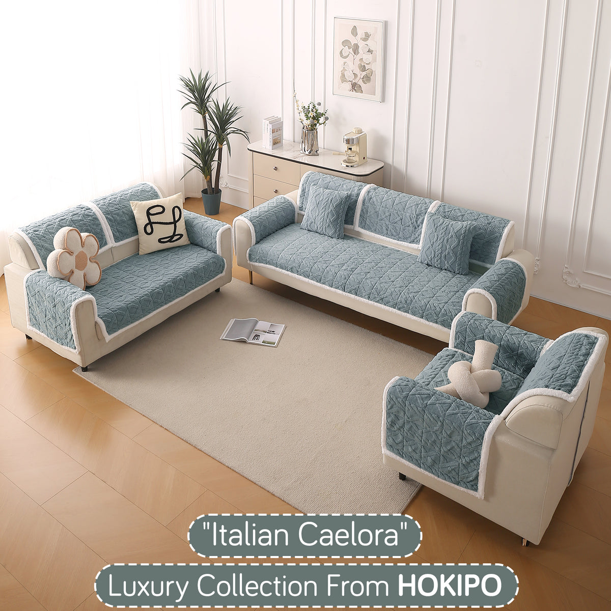 'Italian Caelora' Luxury Jacquard Plush Anti-Slip Sofa Cover Mat - Powder Blue
