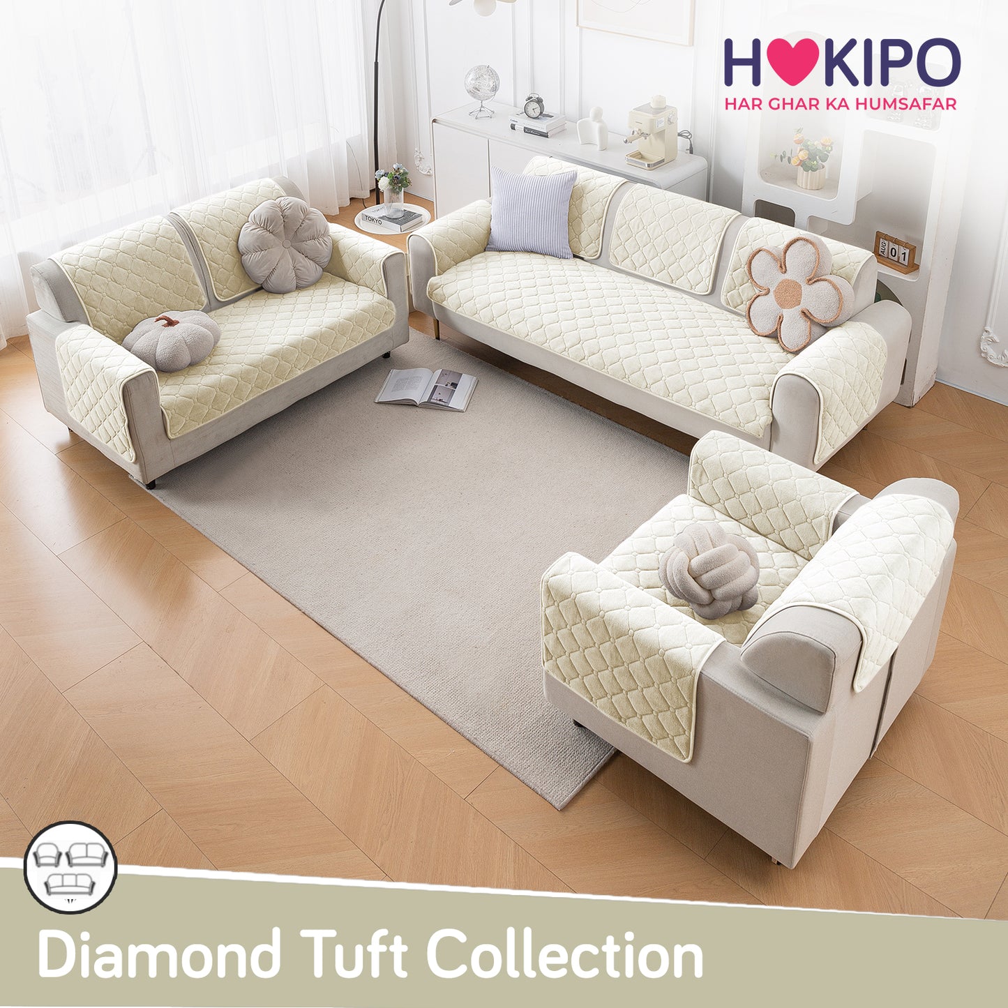 Diamond Tuft Plush Sofa Cover Mat, Ivory Cream