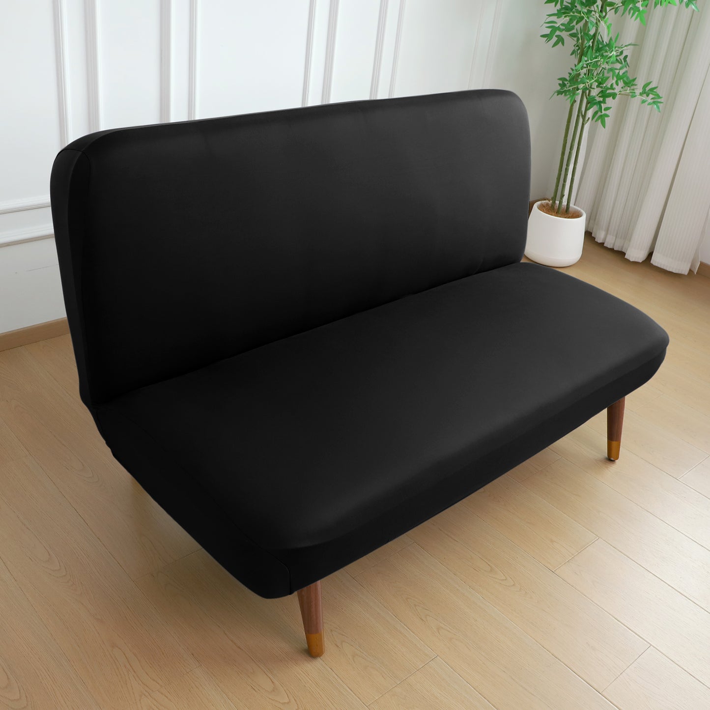 SereneSolids Stretchable Elastic Armless Sofa Cover – 140 GSM, Futon Slipcover, Easy Fit, Black