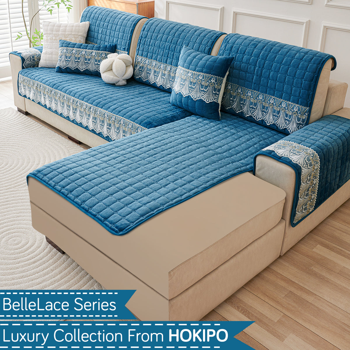 BelleLace Series Imperial Milk Velvet L Shape Sofa Cover Mat with Lace Design - Celdaon Blue