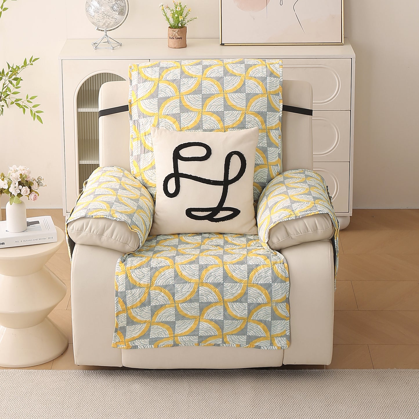 Quilted Printed Recliner Mats for 1 Seater Recliner Sofa, Windmill Cyber Yellow