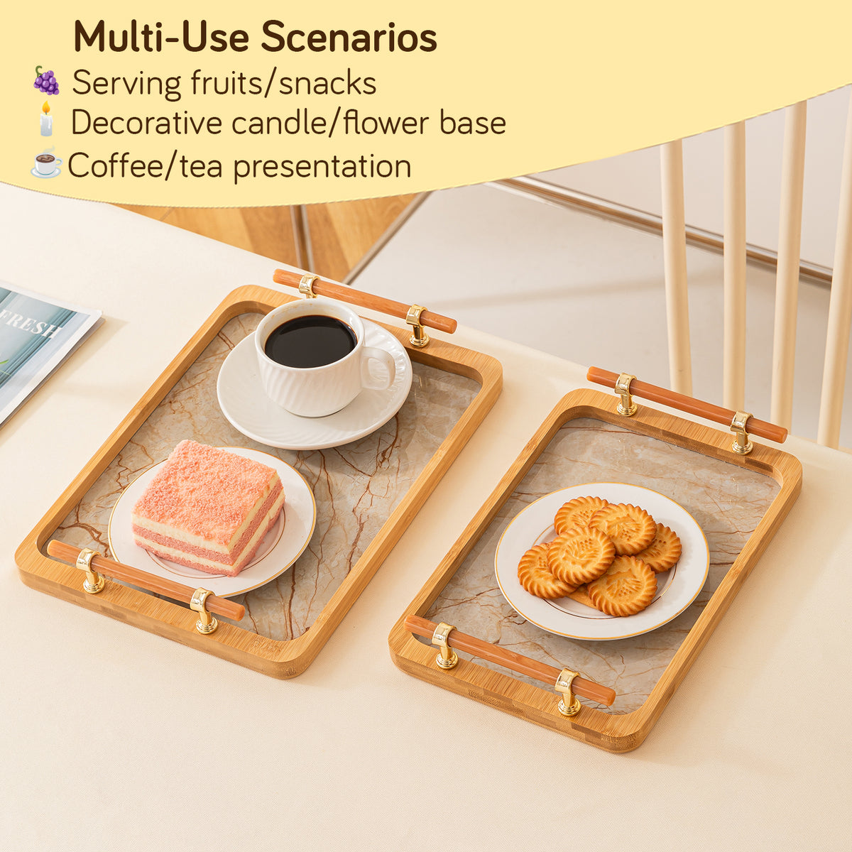 Luxury Bamboo Serving Tray Set with Faux Marble Base with Golden Handles