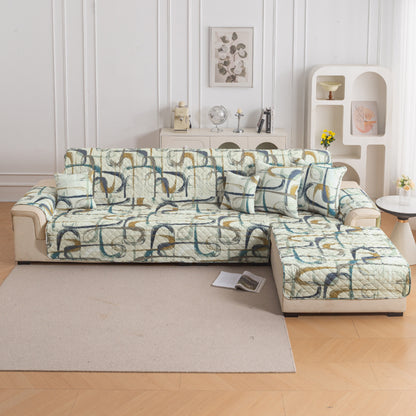 Elira Series Quilted One-Piece L Shape Sofa Cover Mat with Left and Right Chaise, Parchement Beige Abstract Art