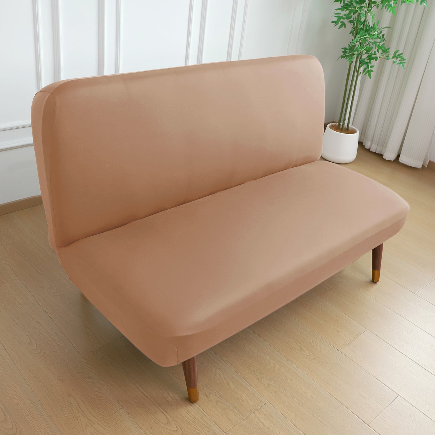 SereneSolids Stretchable Elastic Armless Sofa Cover – 140 GSM, Futon Slipcover, Easy Fit, Camel