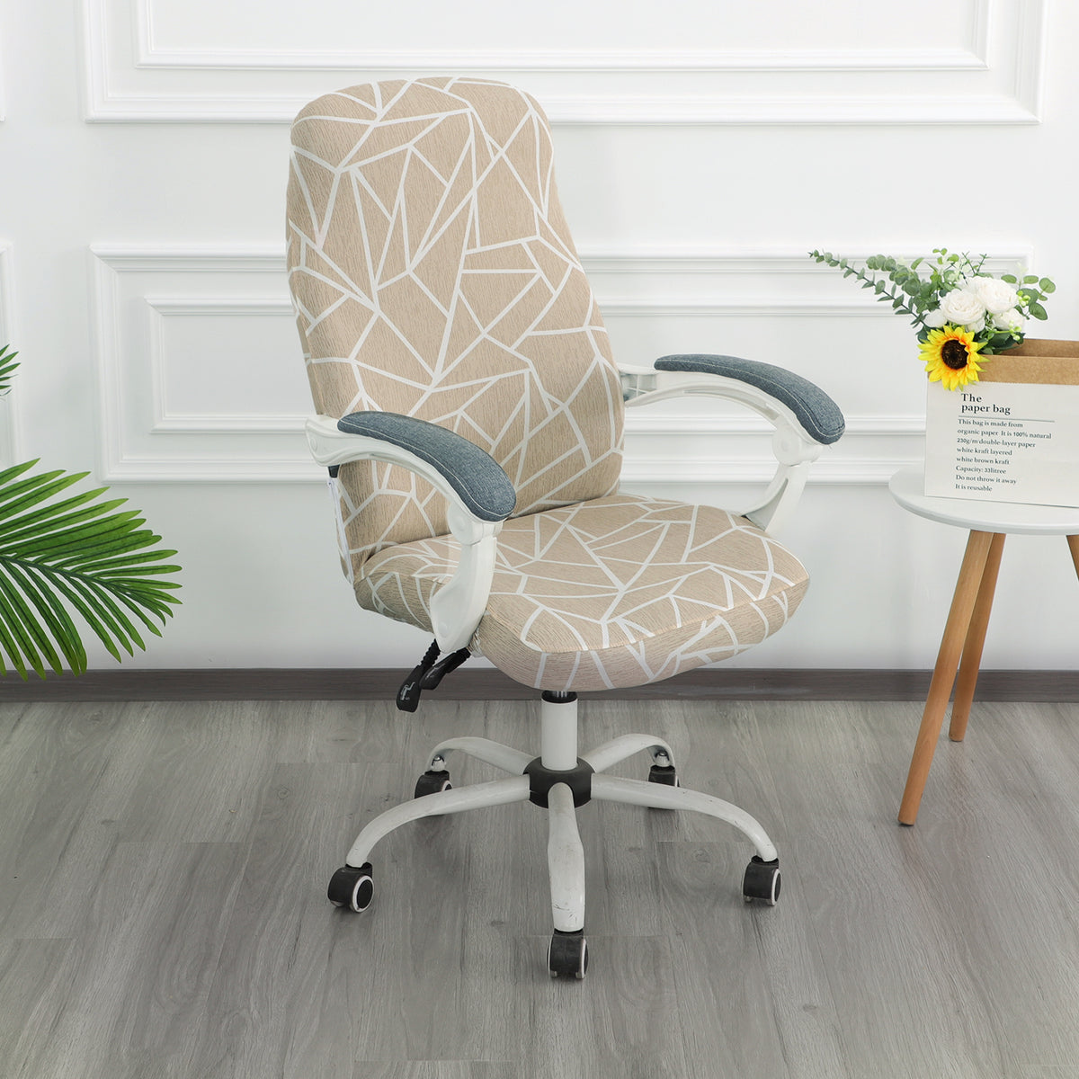 Printed Office Chair Cover for Desk Chair (Mid-Back) – 140 GSM Stretch Fabric – Washable, Durable & Anti-Slip – Fits Mid-Back Office Chairs, Beige Abstract Geometry - Medium