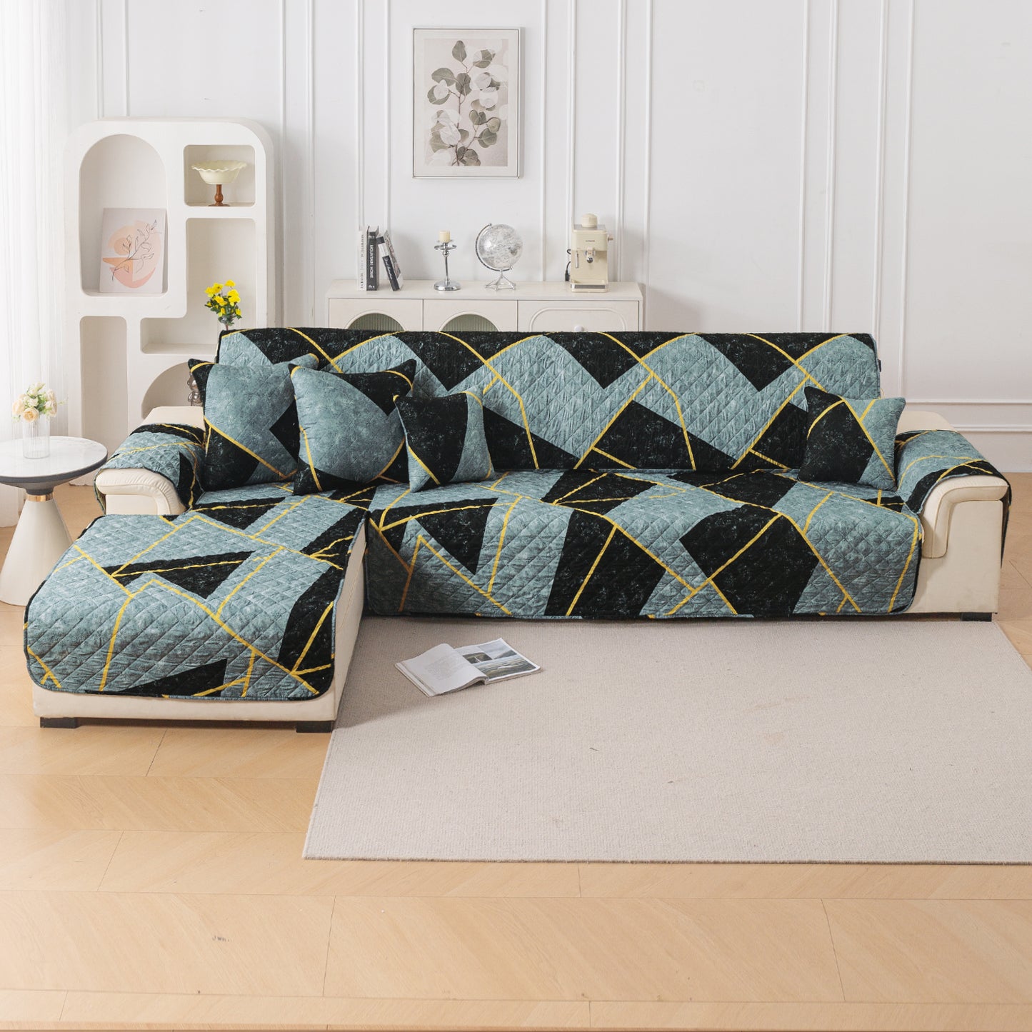 Elira Series Quilted One-Piece L Shape Sofa Cover Mat with Left and Right Chaise, Multicolor Abstract Geometry