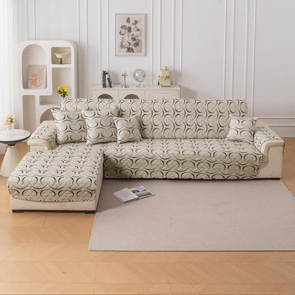 Elira Series Quilted One-Piece L Shape Sofa Cover Mat with Left and Right Chaise, Natural Beige Abstract Art