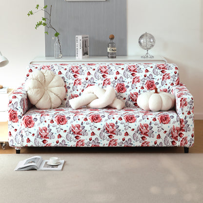 Premium Printed Velvet Sofa Cover 1/2/3 Seaters Fully Covered, Red Cottage Rose