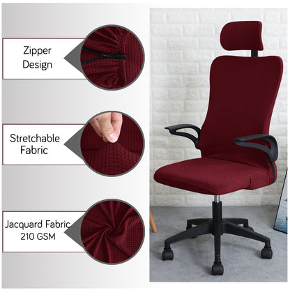 Water Repellent Office Chair Cover with Headrest (High-Back) – 210 GSM Stretch Jacquard – Washable, Anti-Slip Fit for Ergonomic Mesh Office Chairs, Burgundy