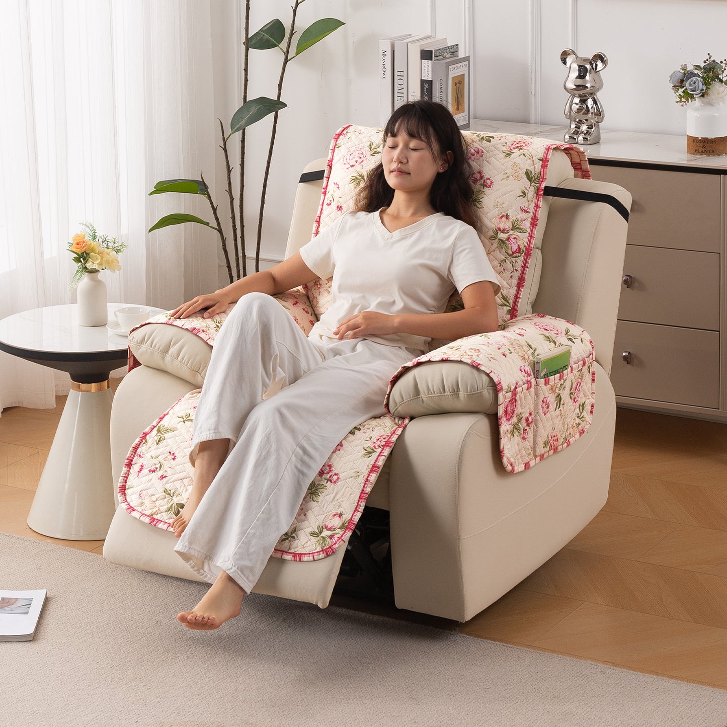 Quilted Cover for Recliner Sofa with SecureFit Belt & Side Pocket, Beige Peonies