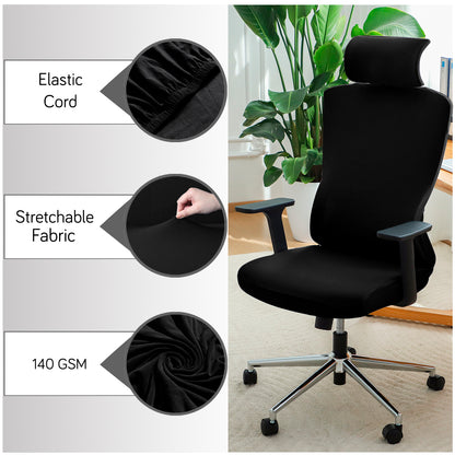Office Chair Cover with Headrest (High-Back) – 140 GSM Stretch Fabric – Washable, Anti-Slip Fit for Ergonomic Mesh Office Chairs, Black