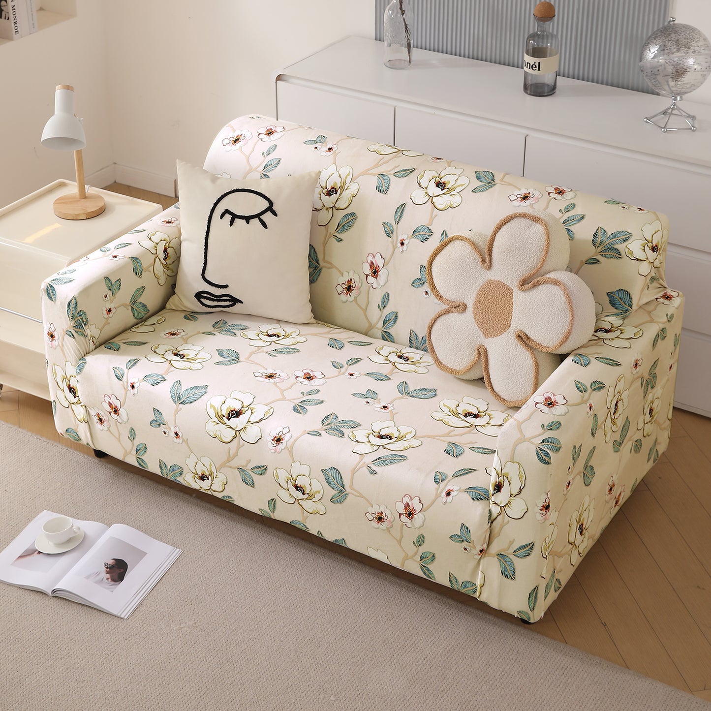 Premium Printed Velvet Sofa Cover 1/2/3 Seaters Fully Covered, Buttercream Magnolia Whisper