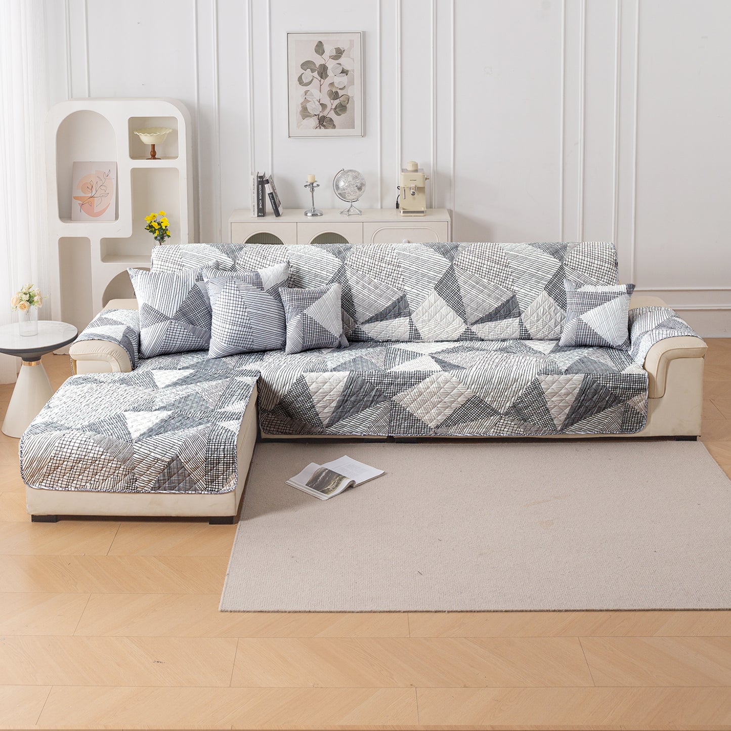 Elira Series Quilted One-Piece L Shape Sofa Cover Mat with Left and Right Chaise, Snow White Black Geometry