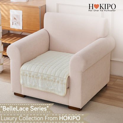 BelleLace Series Premium Imperial Milk Velvet Sofa Cover Mat with Lace Design -  Pearl White