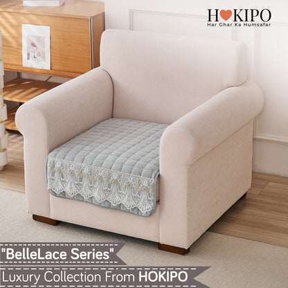 BelleLace Series Imperial Milk Velvet Sofa Cover Mat with Lace Design - Cloud Grey