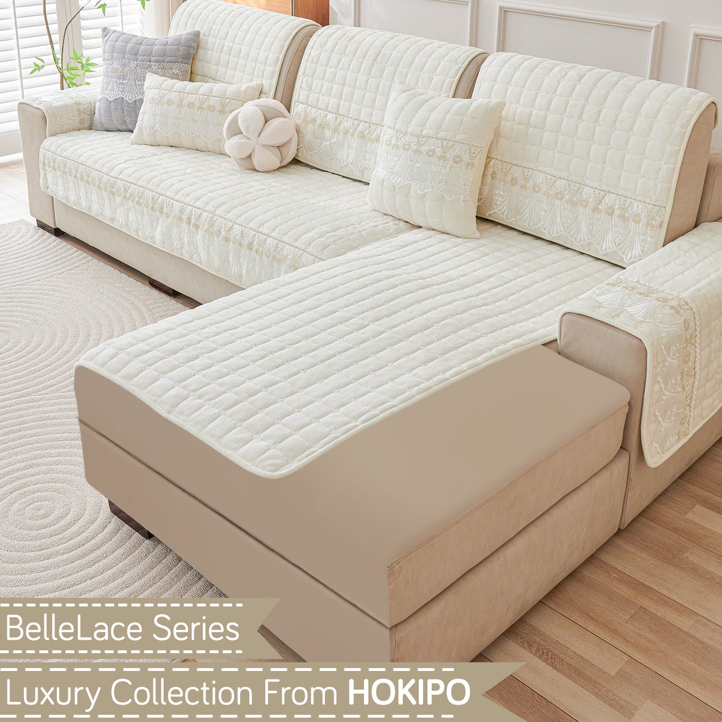 BelleLace Series Imperial Milk Velvet L Shape Sofa Cover Mat with Lace Design - Pearl White