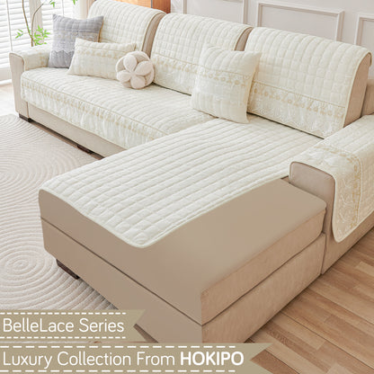 BelleLace Series Imperial Milk Velvet L Shape Sofa Cover Mat with Lace Design - Pearl White