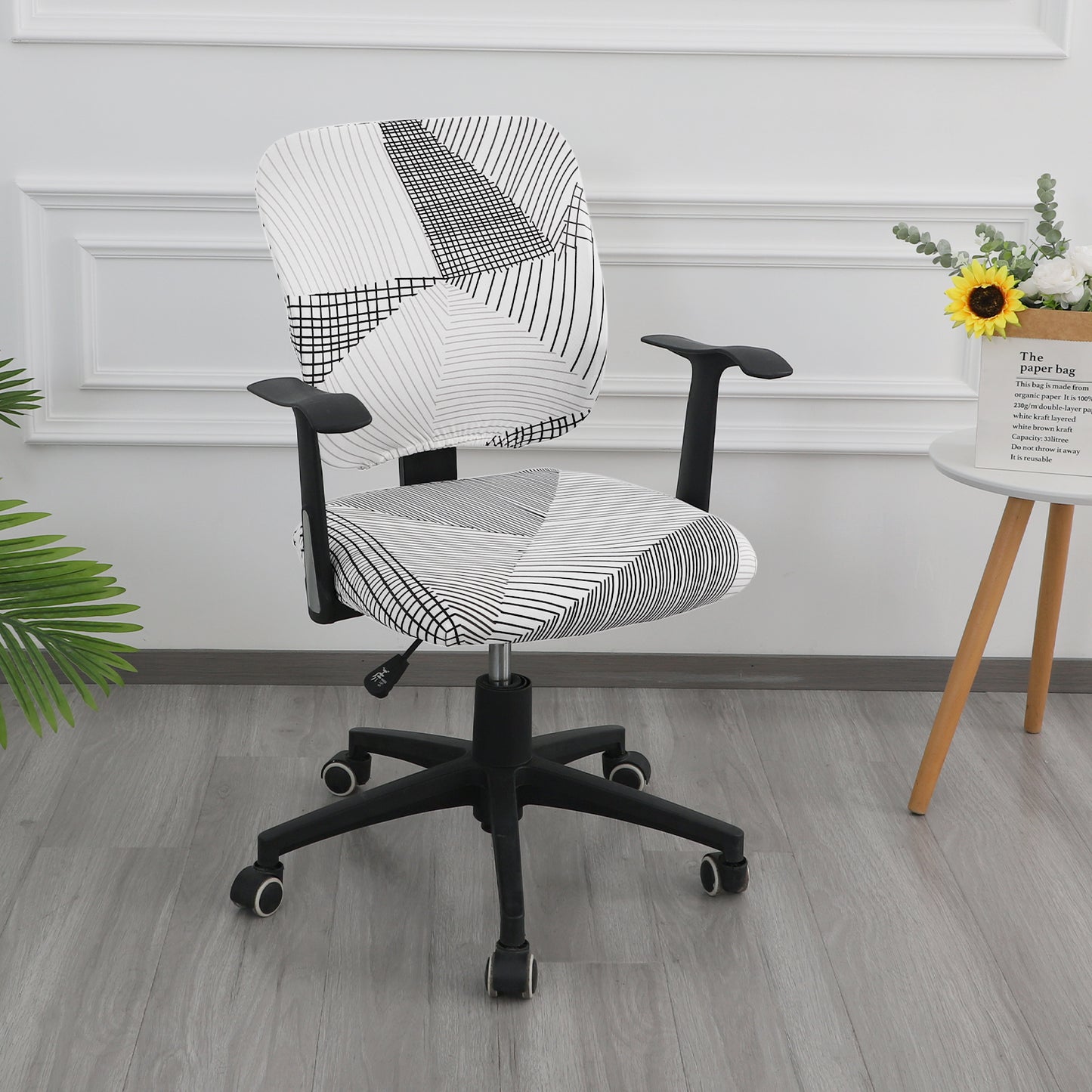 Printed Office Chair Cover for Task Chair – 140 GSM Stretchable Fabric – Washable & Anti-Slip – Fits Small Office Chairs Without Headrest, Snow White Black Geometry