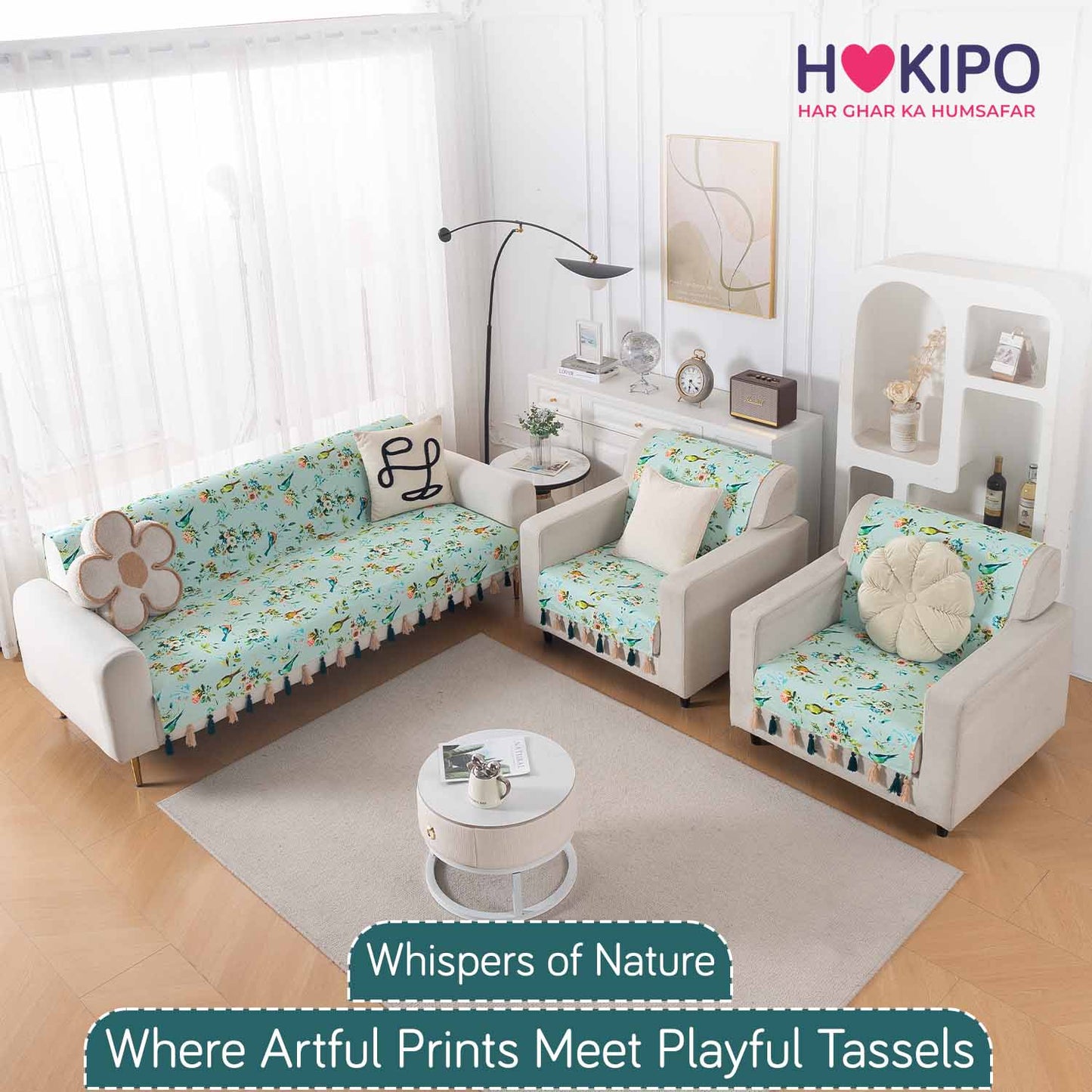 Holland Velvet 5-Seater Sofa Cover with Tassel (3+1+1), Mint Birdsong Blossom