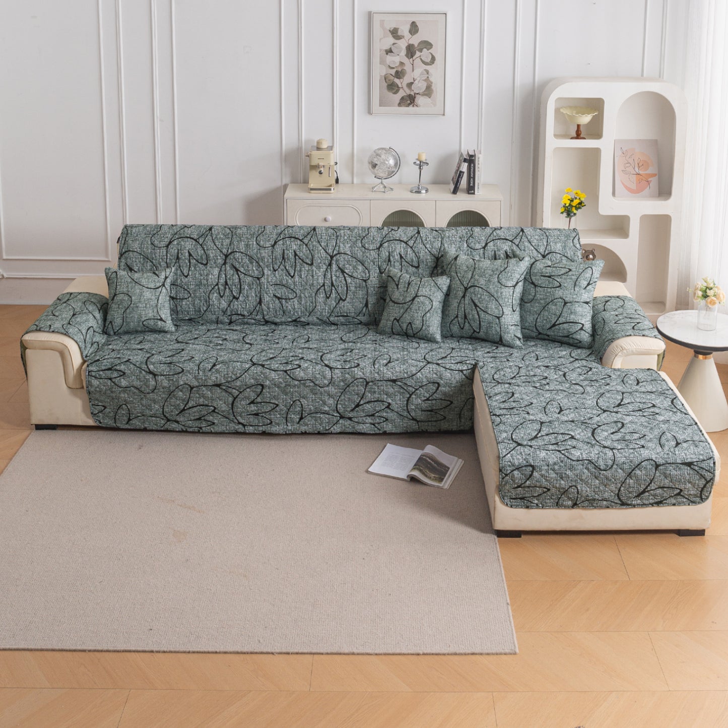 Elira Series Quilted One-Piece L Shape Sofa Cover Mat with Left and Right Chaise, Intense Grey Abstract Floral