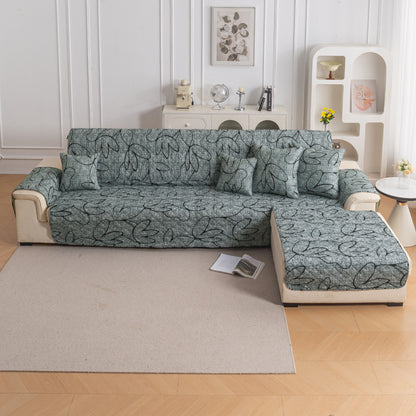 Elira Series Quilted One-Piece L Shape Sofa Cover Mat with Left and Right Chaise, Intense Grey Abstract Floral
