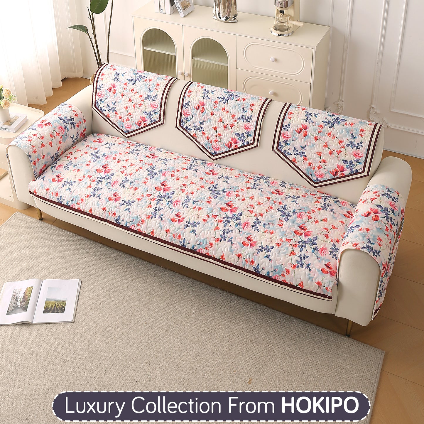 Florentina Series Printed Holland Velvet Sofa Mat - Scarlet Rose Ivory