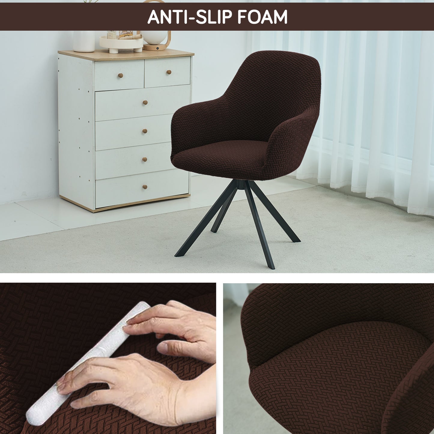 Premium Jacquard Fully Covered Cover for Swivel Dining Chair with Arms, Chocolate Brown