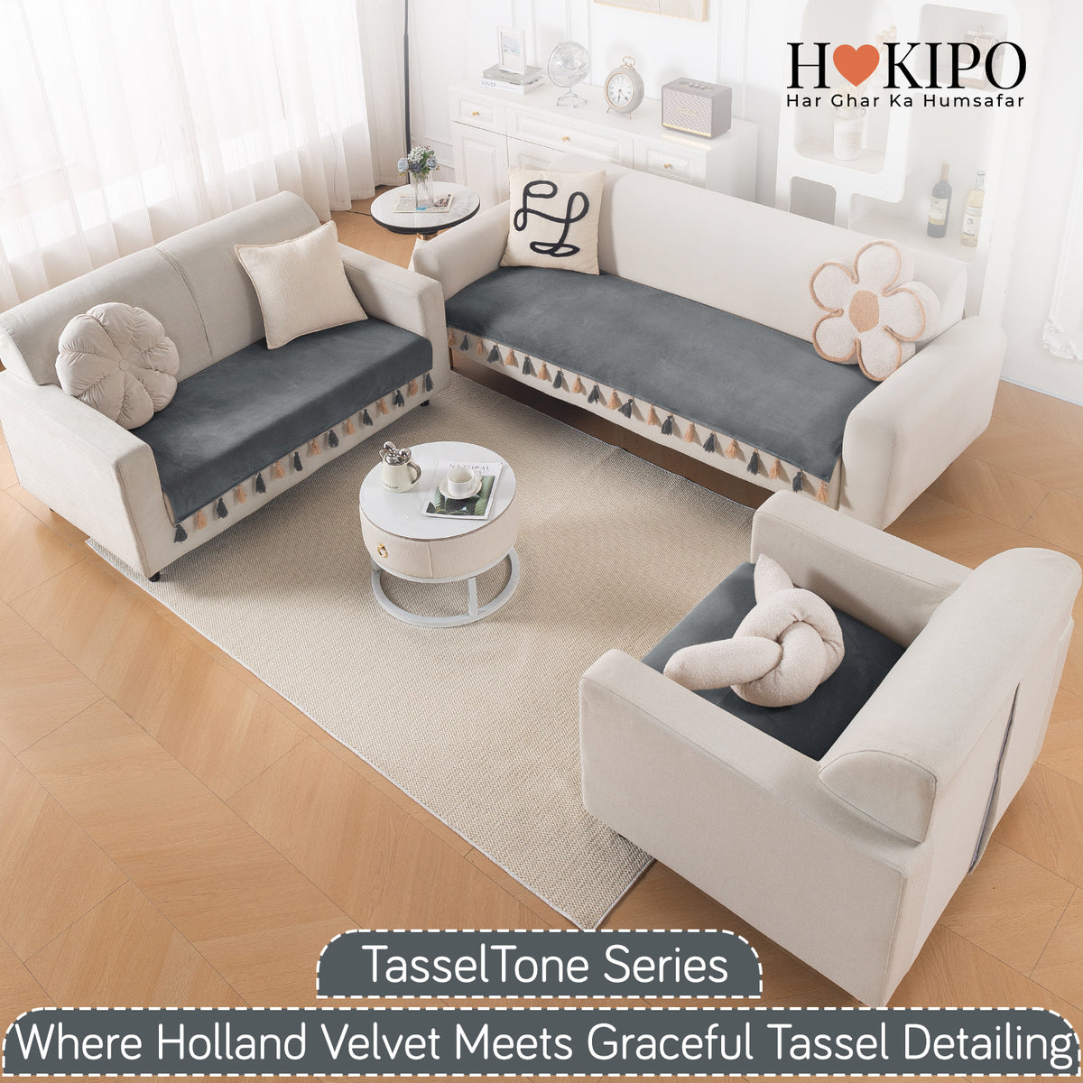 Tassel Tone Holland Velvet Sofa Cover Mat, Graphite Grey