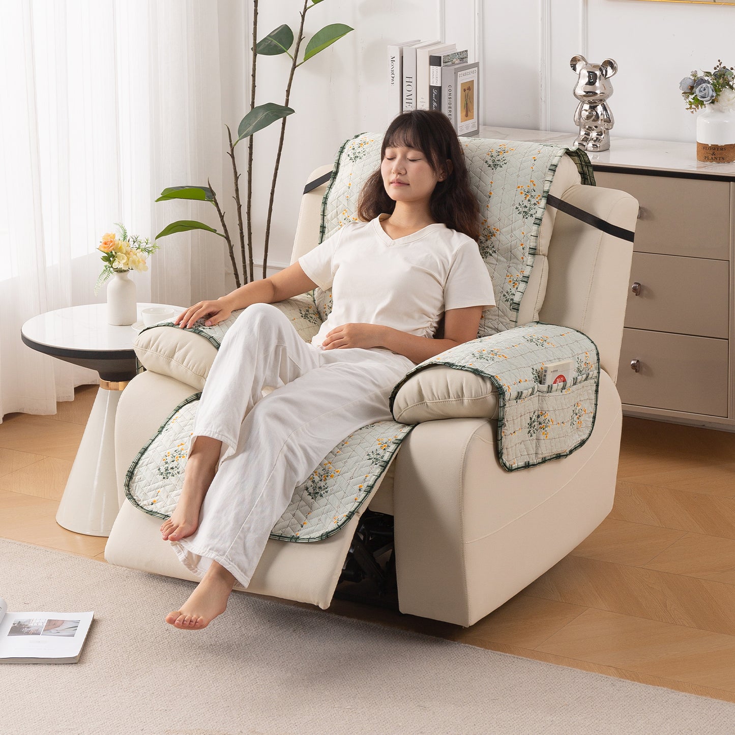 Quilted Cover for Recliner Sofa with SecureFit Belt & Side Pocket, Light Green Ash Gypsy Flower
