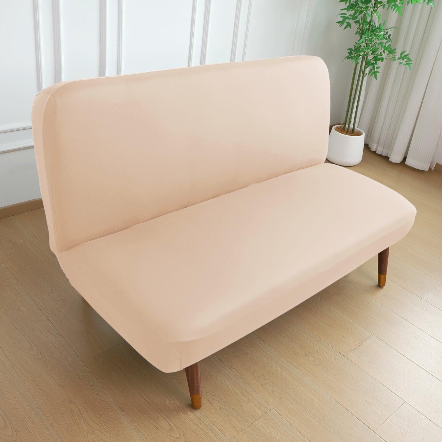 SereneSolids Stretchable Elastic Armless Sofa Cover – 140 GSM, Futon Slipcover, Easy Fit, Beige