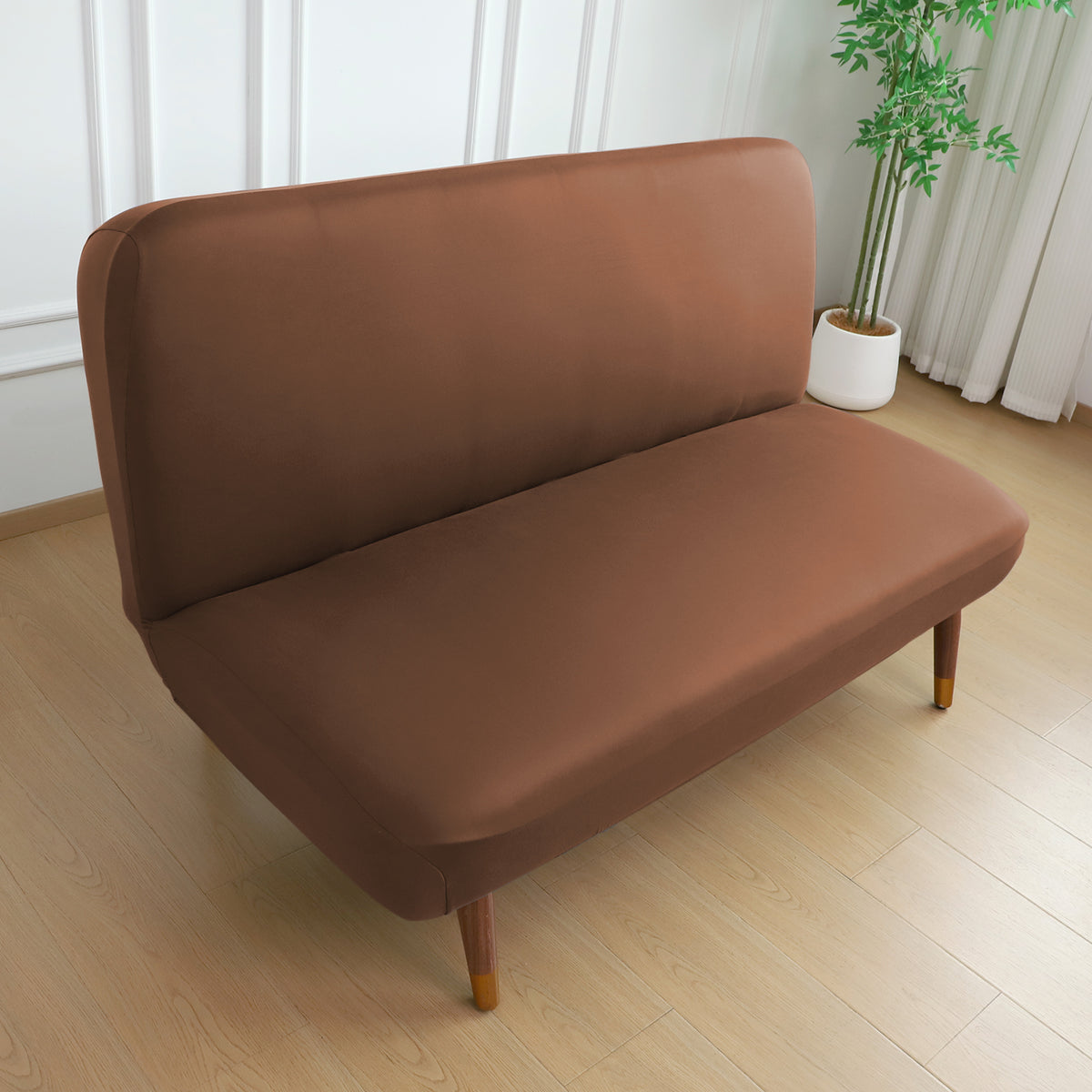 SereneSolids Stretchable Elastic Armless Sofa Cover – 140 GSM, Futon Slipcover, Easy Fit, Brown