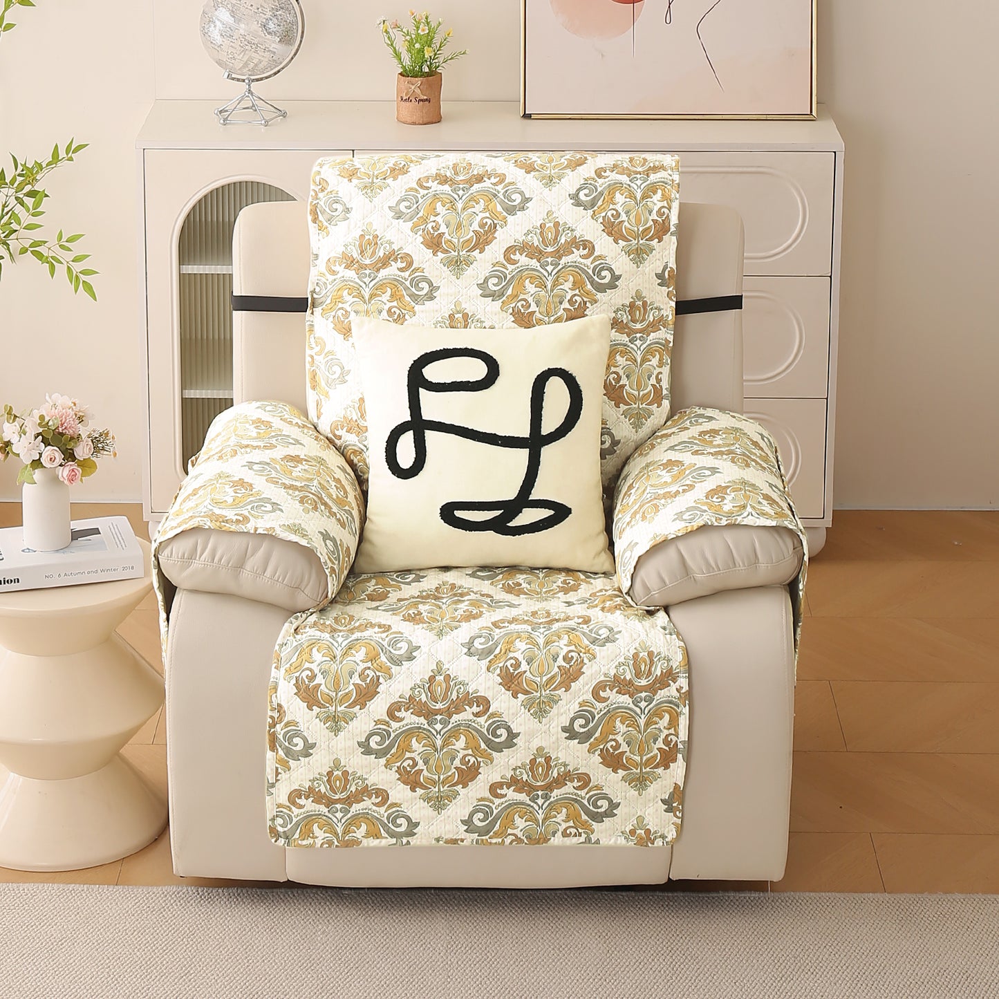 Quilted Printed Recliner Mats for 1 Seater Recliner Sofa, Damask Beige